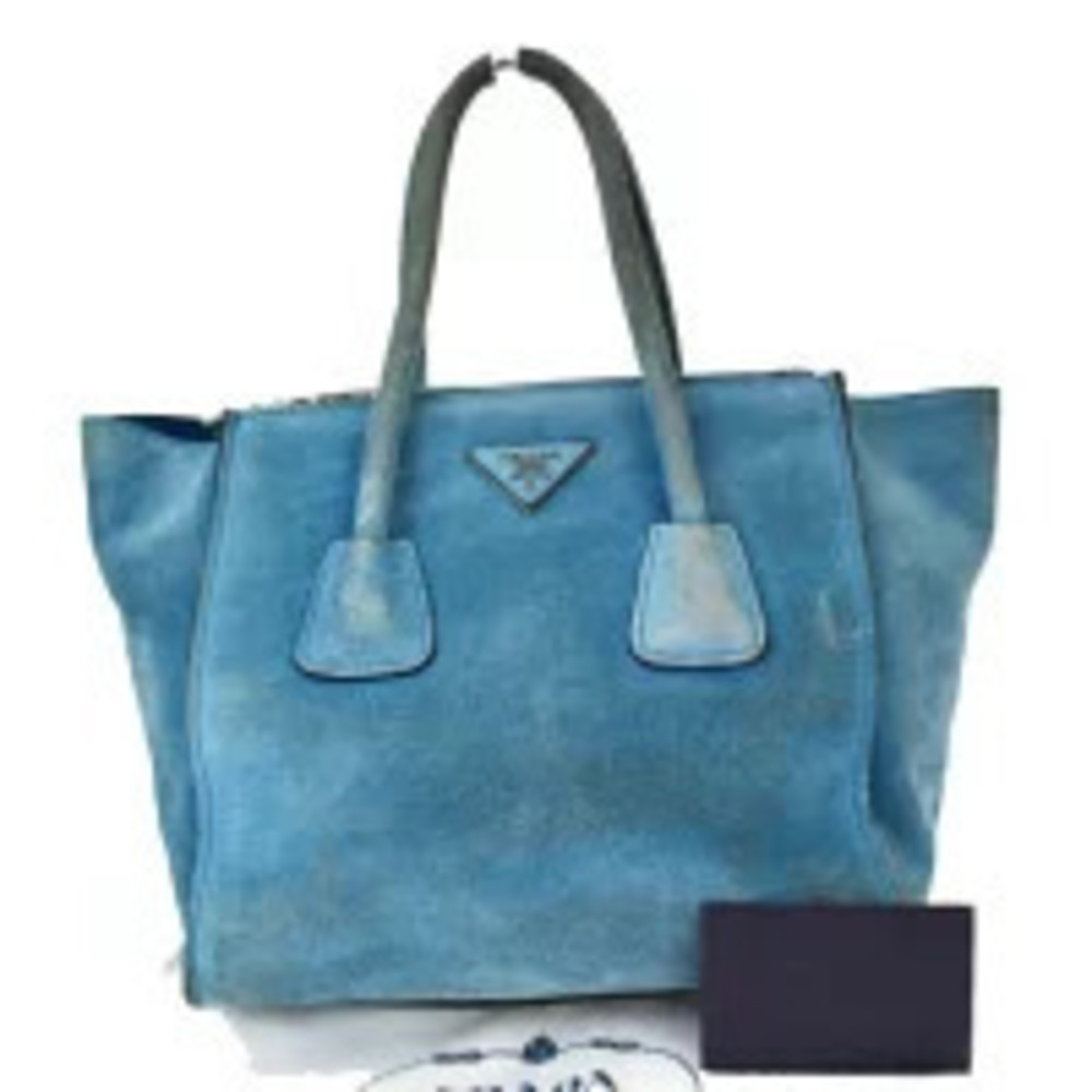 Prada suede 2way tote handbag turquoise blue triangle logo